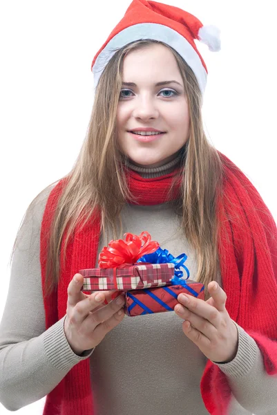 Wooman mit Geschenkschachteln fräsen — Stockfoto