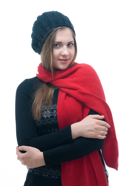 Young girl in black dress, beret and scarf — Stock Photo, Image