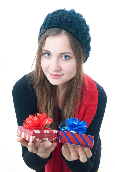 Smilling wooman with giftboxes — Stock Photo, Image