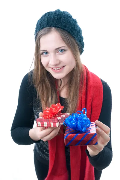 Smilling wooman med giftboxes — Stockfoto