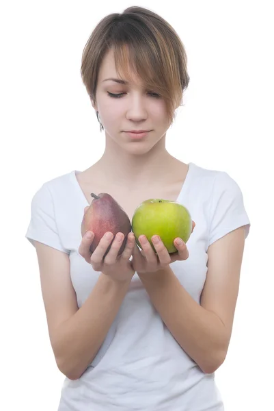 Ganska ung flicka med grönt äpple — Stockfoto