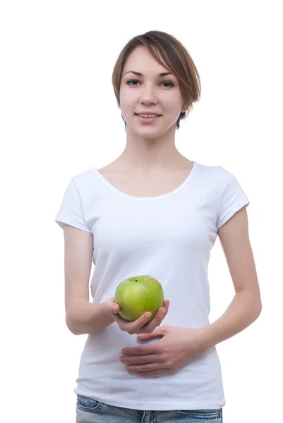 Linda chica joven con manzana verde — Foto de Stock