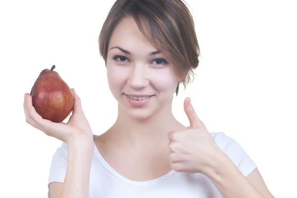 Pretty young girl red pear showing ok — Stock Photo, Image