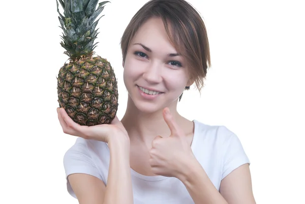 Smilling girl with pinaple showing ok — Stock Photo, Image