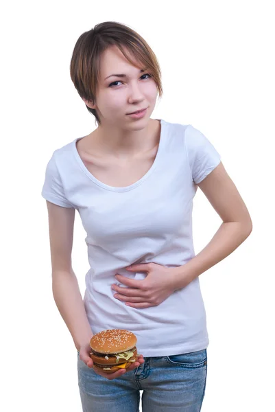 Body of girl with hamburger in the hand — Stock Photo, Image