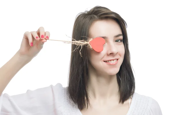 Bella mujer sosteniendo corazones sonriendo —  Fotos de Stock