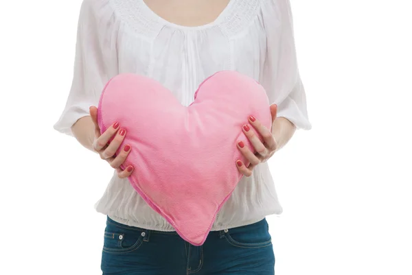 Ragazza con cuore cuscino rosa San Valentino — Foto Stock