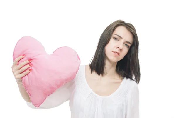 Menina com coração de travesseiro rosa Valentim — Fotografia de Stock