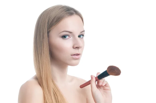 Skönhet foto av flicka med makeup borste. — Stockfoto