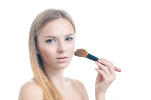 Skönhet foto av flicka med makeup borste. — Stockfoto