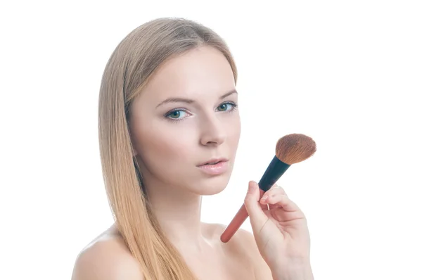 Skönhet foto av flicka med makeup borste. — Stockfoto