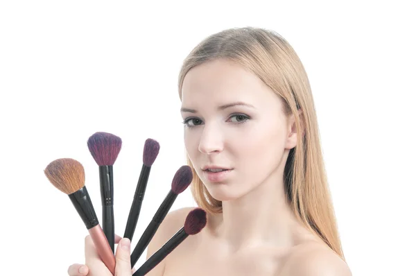 Beauty photo of girl with five makeup brushes. — Stock Photo, Image