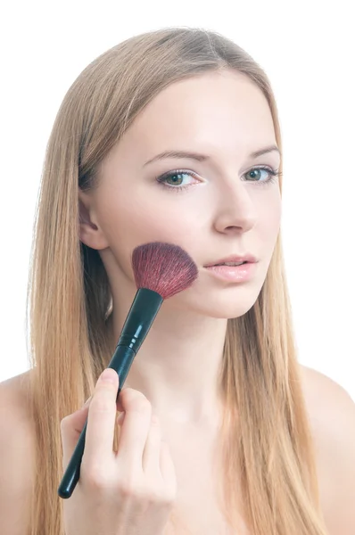 Foto de beleza da menina com pincel de maquiagem . — Fotografia de Stock