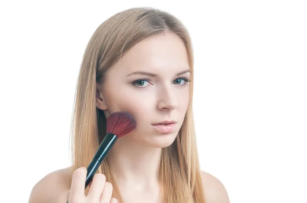 Beauty photo of girl with makeup brush. — Stock Photo, Image