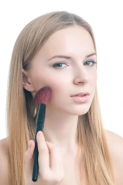 Beauty photo of girl with makeup brush. — Stock Photo, Image