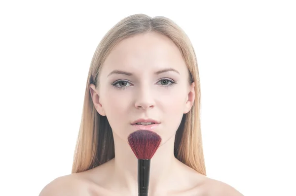 Skönhet foto av flicka med makeup borste. — Stockfoto