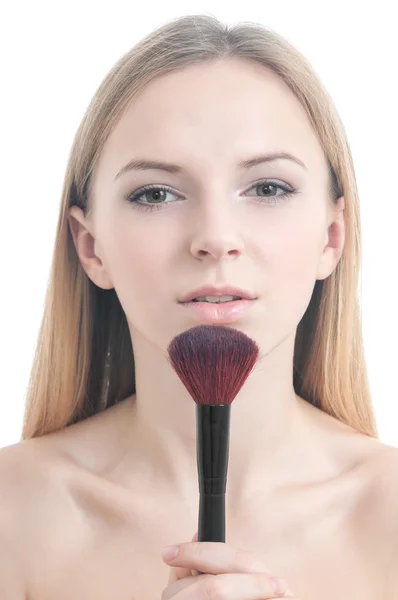 Beauty photo of girl with makeup brush. — Stock Photo, Image