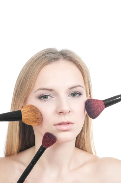 Makeup girl with blusher brushes — Stock Photo, Image