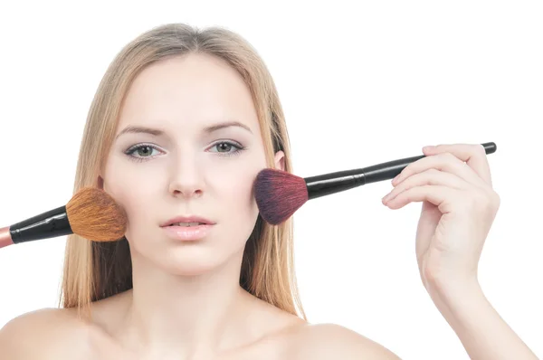 Makeup girl with blusher brushes — Stock Photo, Image