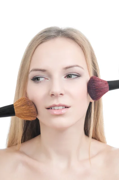 Makeup girl with blusher brushes — Stock Photo, Image