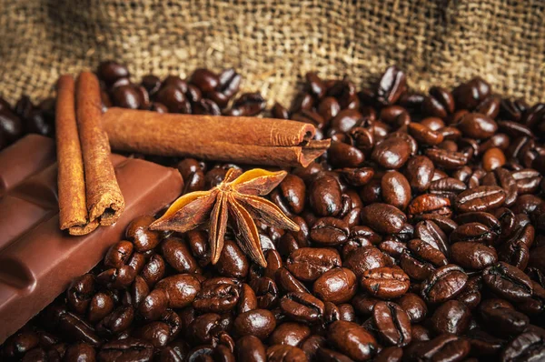 香辛料和 chocolaete 上咖啡豆 — 图库照片