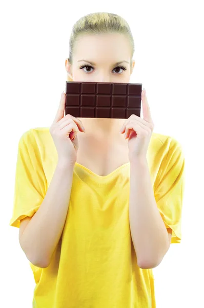 Mädchen mit einer Tafel Schokolade — Stockfoto