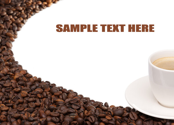 Cup of coffee beans around on a white background