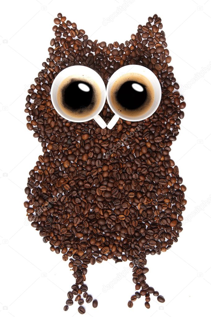 Owl made of coffee beans, a cup of coffee with two eyes, isolated background.