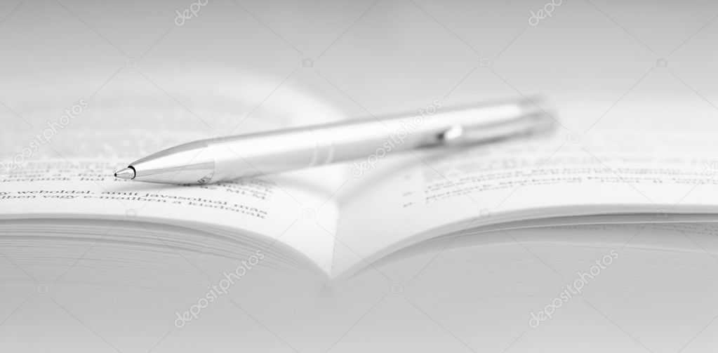 Cahier ouvert sur une page blanche avec un stylo Stock Photo