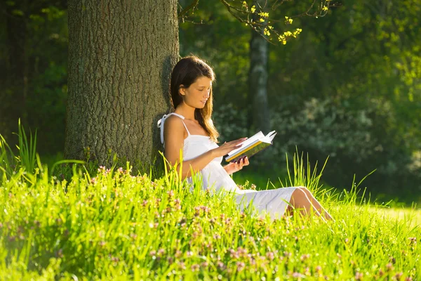 Genç bir kadın çim üzerinde yalan ve bir kitap okuma — Stok fotoğraf