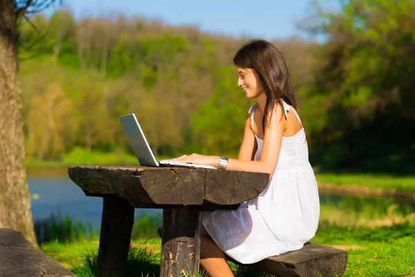 年轻女性用一台笔记本电脑，坐在一个美丽的湖 — 图库照片