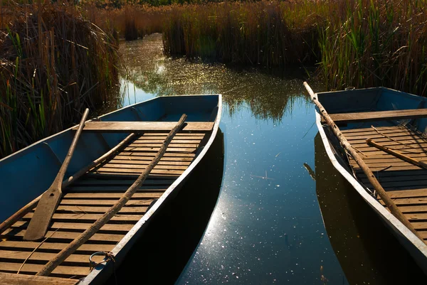 Barcos estão alinhados nas margens de um lago — Fotografia de Stock