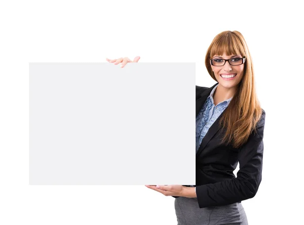 Mulher de negócios mostrando placa em branco — Fotografia de Stock