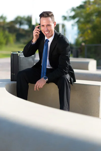 Zakenman aanroepen in park — Stockfoto