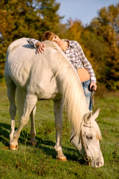 Білий кінь і жінка — стокове фото