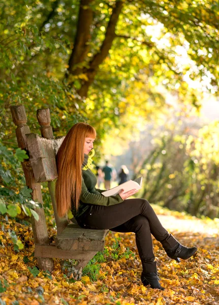 Mujer leer el libro en el bosque de otoño — Foto de Stock