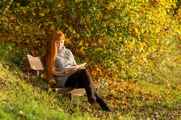 Mujer leer el libro en el bosque de otoño — Foto de Stock