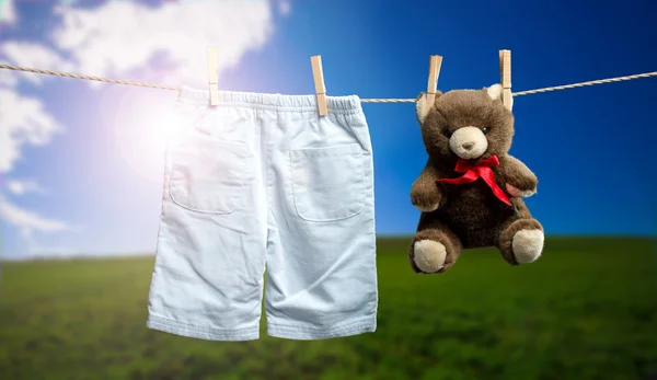 Baby boy pants, um ursinho de pelúcia no varal ao ar livre — Fotografia de Stock