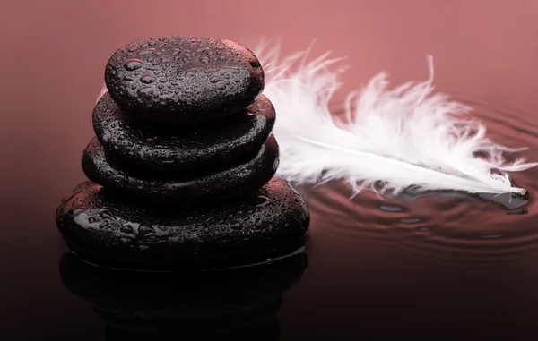 Piedras de masaje con plumas y gotas de agua — Foto de Stock