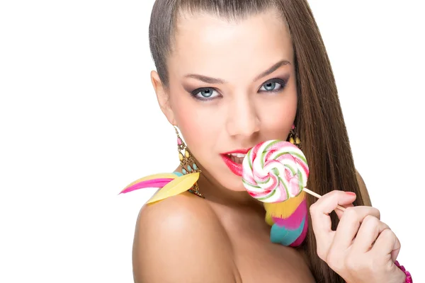 Colorful fashion model with lollipop — Stock Photo, Image