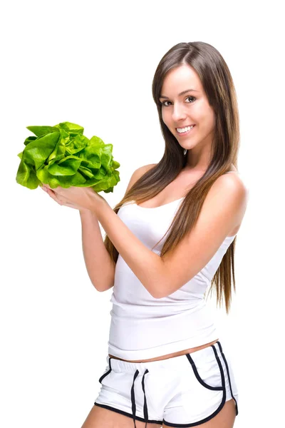 Alimentation saine-Belle femme en forme tenant une salade . — Photo