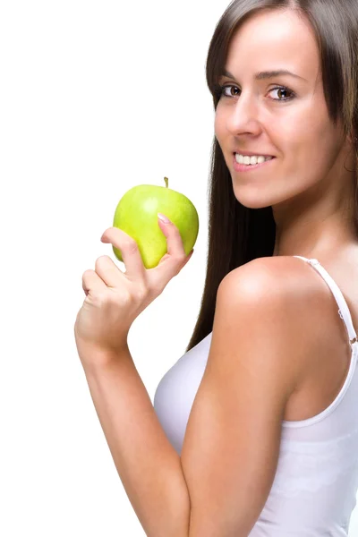 Healthful eating-Beautiful natural woman holds an apple — Stock Photo, Image