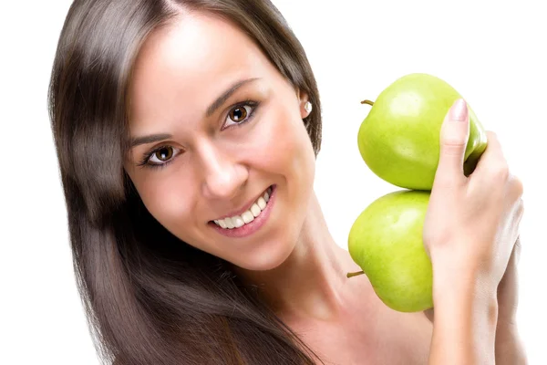 健康饮食美丽的女人，拿着苹果，特写照片 — 图库照片