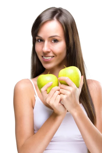 Healthy lifestyle - Beautiful, natural woman holds an two apple — Stock Photo, Image