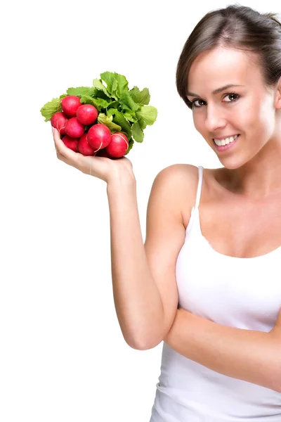 Long live healthily - Beautiful woman holding a bunch of radishes — Stock Photo, Image