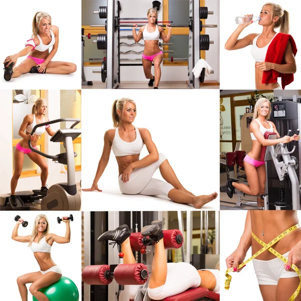 Donna impegnata in fitness collage — Foto Stock