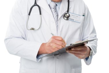 Doctor in a white coat, write to the folder, clipart