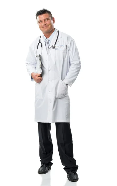 Portrait of a handsome doctor in white coat holding folder in hand — Stock Photo, Image