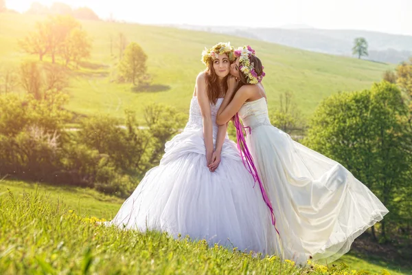 Duas belas noivas em um prado — Fotografia de Stock