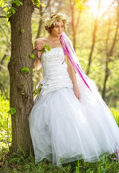 Hermosa novia confiando en el árbol — Foto de Stock